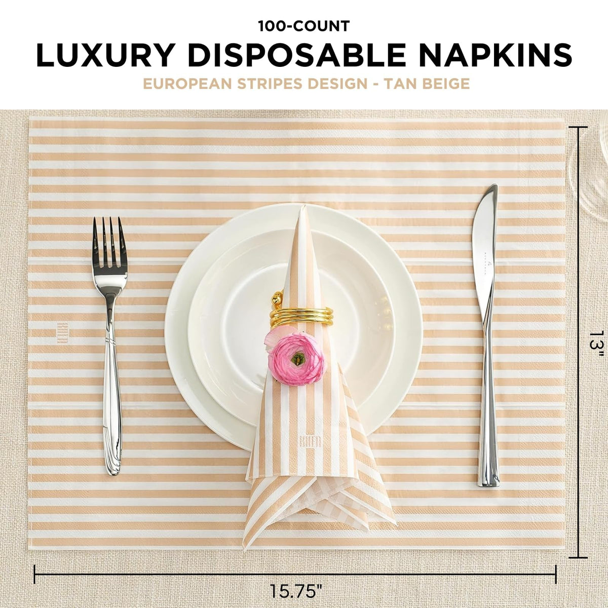 Tonal Striped Disposable Napkins - Beige, 50 Pieces