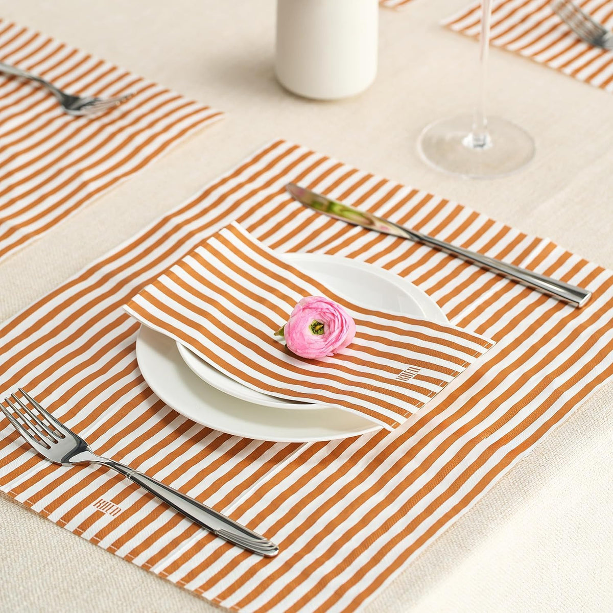 Tonal Striped Disposable Napkin & Placemat Set - Orange, 100 Pieces