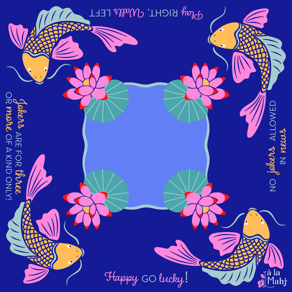 A mahjong mat with a dark blue background, four pink and orange koi fish, four pink lotus flowers on green lily pads, and playful text including 'Happy 60 lucky!' and 'No fools allowed in news.'.
