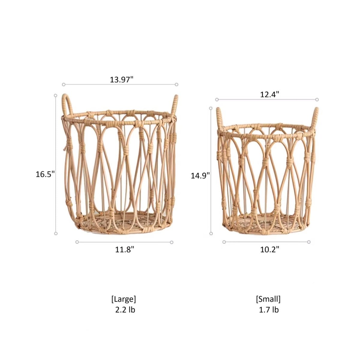 Two rattan baskets with measurements and weight labels on a white background