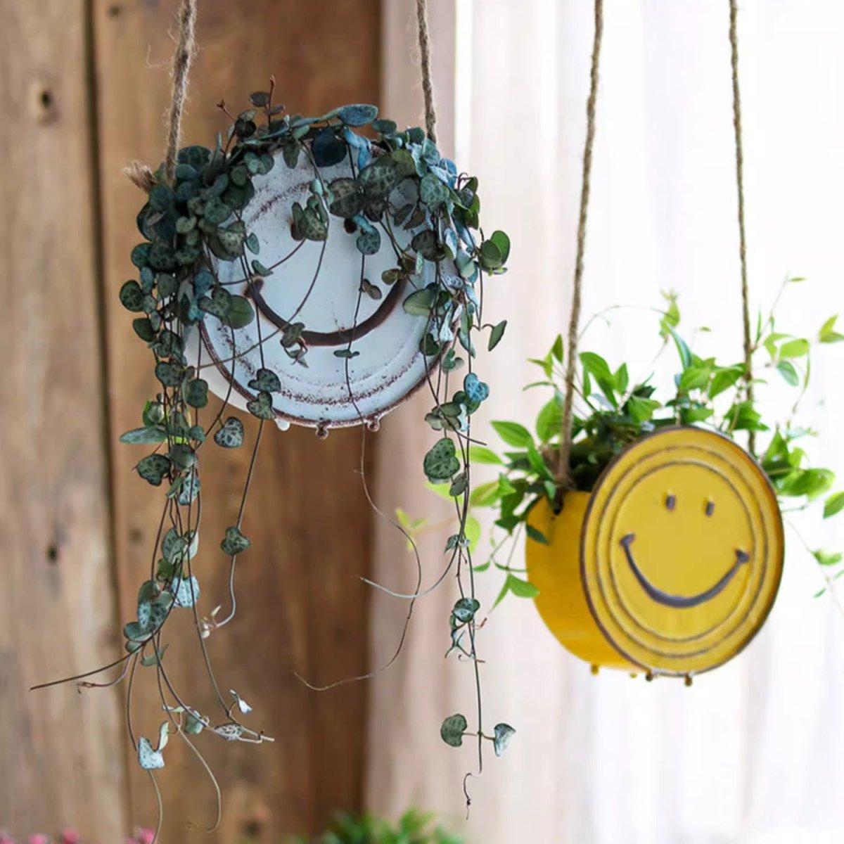 Two hanging planters with smiley face designs against a wooden and white curtain background.
