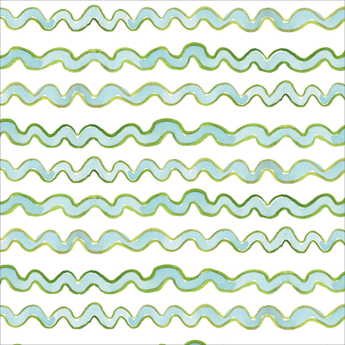 A repeating pattern of horizontal wavy stripes in light aqua blue and olive green on a white background.