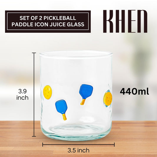 Khen Set of 2 Pickleball Paddle Icon Juice Glass Athletic Sports Cup 14.8oz