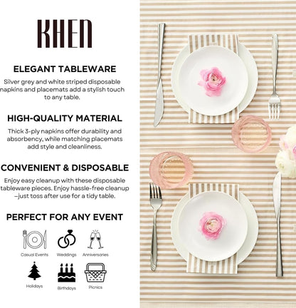 Tonal Striped Disposable Napkin Set in Smoke, 50 Pieces