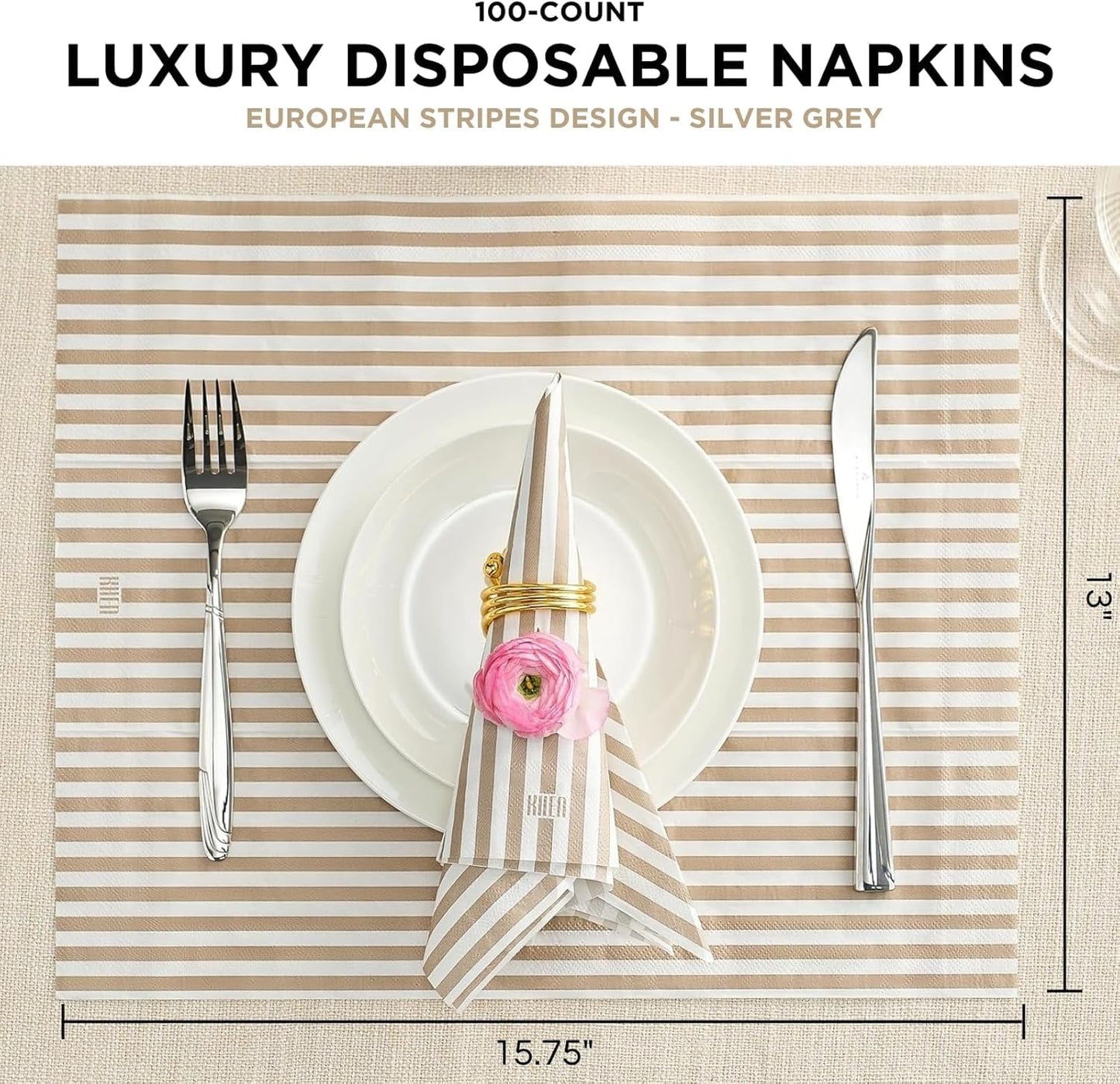 Tonal Striped Disposable Napkin Set in Smoke, 50 Pieces