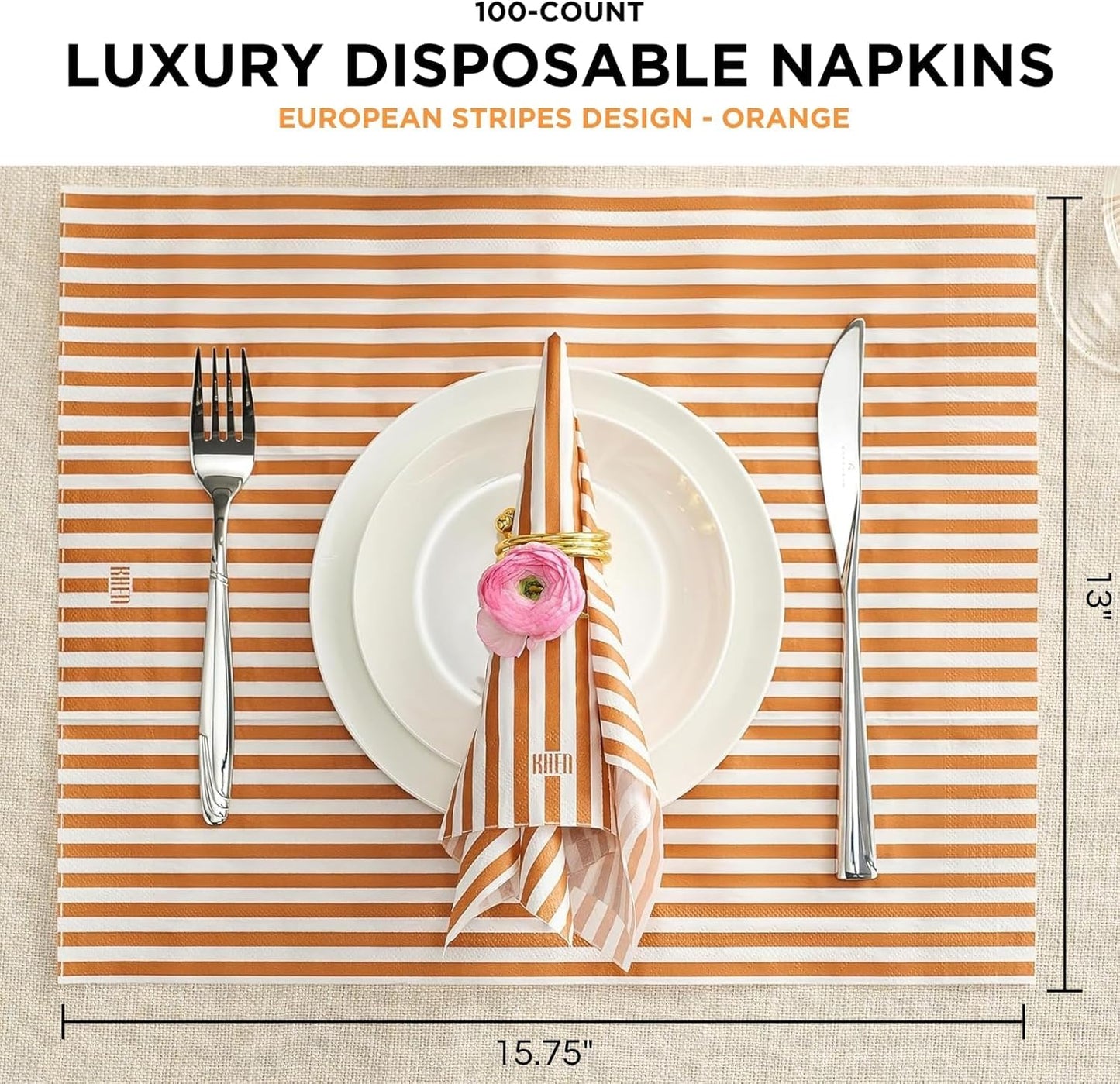 Tonal Striped Disposable Napkin Set in Orange, 100 Pieces