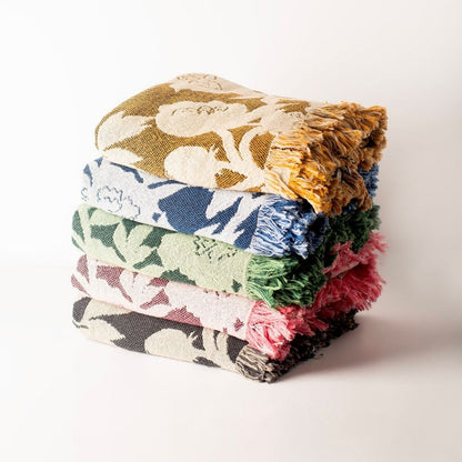 Addy Delft Blue Floral Jacquard Woven Throw Blanket, Reversible Cotton Throw, Made in USA