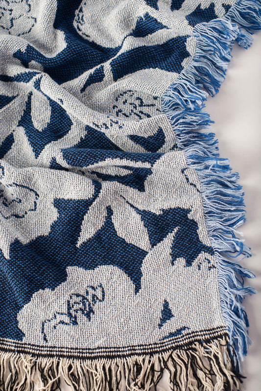 Addy Delft Blue Floral Jacquard Woven Throw Blanket, Reversible Cotton Throw, Made in USA