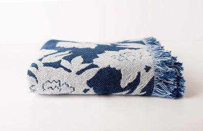 Addy Delft Blue Floral Jacquard Woven Throw Blanket, Reversible Cotton Throw, Made in USA