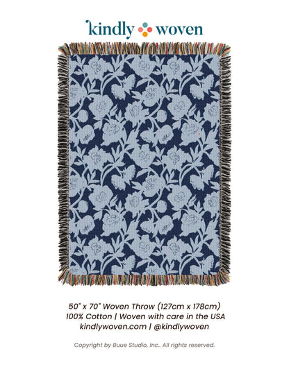 Addy Delft Blue Floral Jacquard Woven Throw Blanket, Reversible Cotton Throw, Made in USA