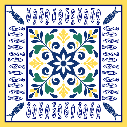 Amalfi Fish Neoprene Mahjong Mat - Navy & Yellow