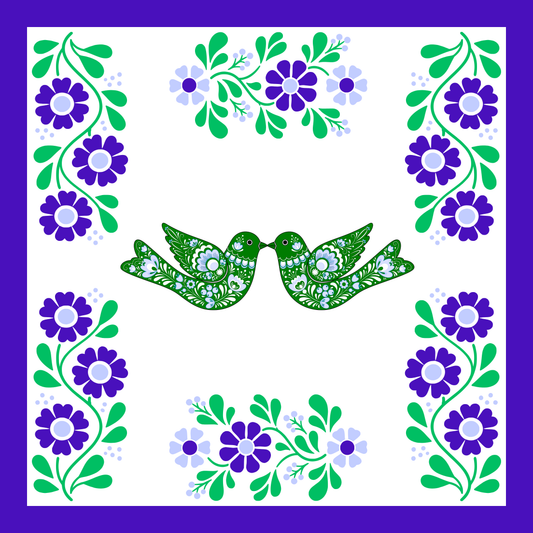 Decorative design mahjong mat with green birds and purple flowers on a white background