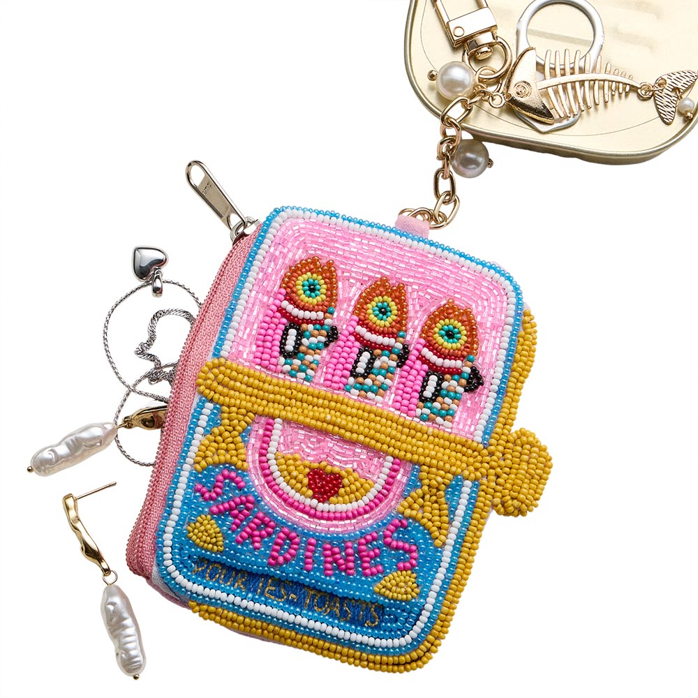 Fishbone Pearl Charm Keychain Sardine Can Seed Beaded Mini Pouch Bag