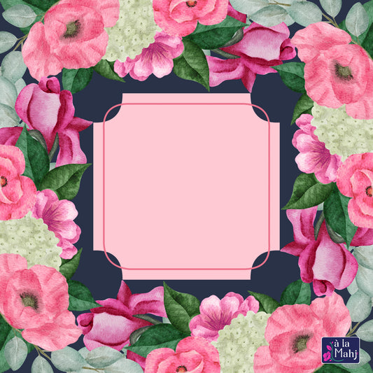 A square floral border design mahjong mat with pink and magenta flowers, green leaves, and pale pink hydrangea-like blooms around a central pale pink rounded rectangle. The background between the flowers is dark navy.