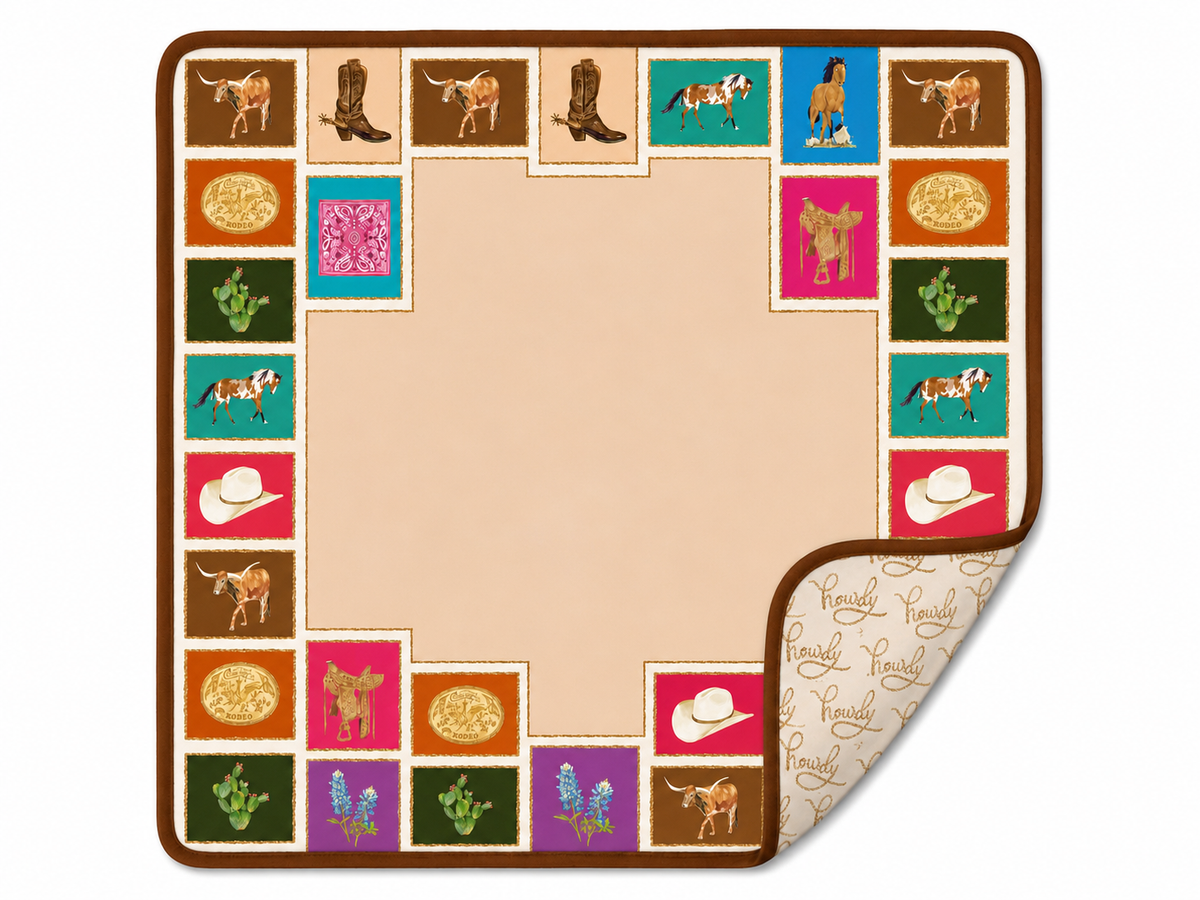 Out west double sided mahjong mat art with several western inspired drawings