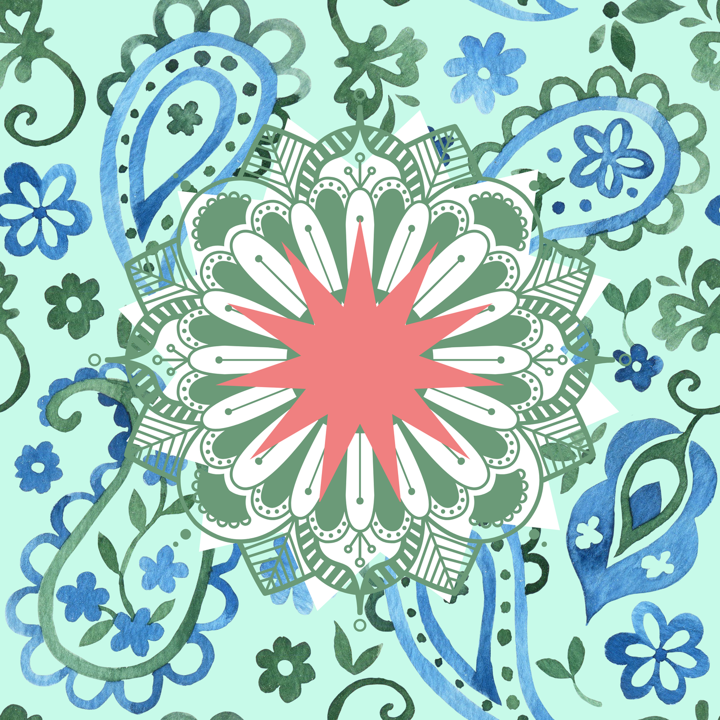 Paisley Petals Neoprene Mahjong Mat - Coral & Blue