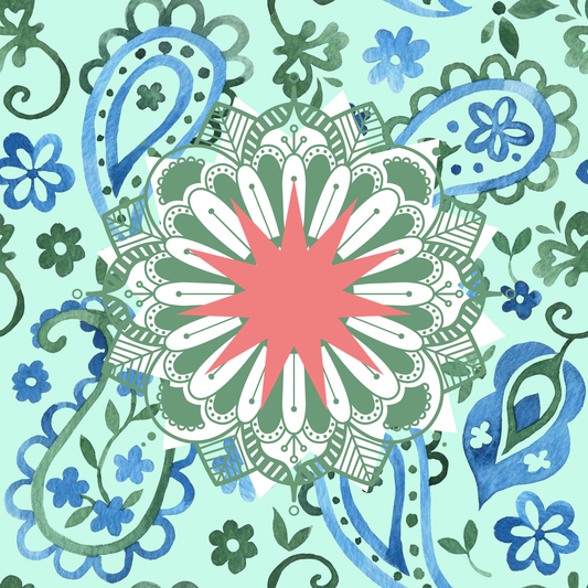 Paisley Petals Neoprene Mahjong Mat - Coral & Blue
