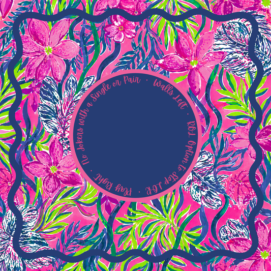 A square mahjong mat design featuring a central dark navy blue circle with pink script text, surrounded by a busy tropical floral and leaf pattern in hot pink, lime green, and navy blue.