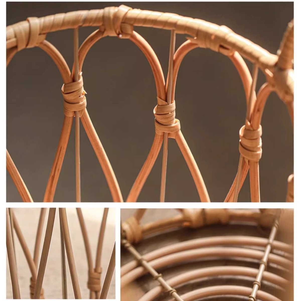 Close-up of woven rattan chair back with detailed patterns.