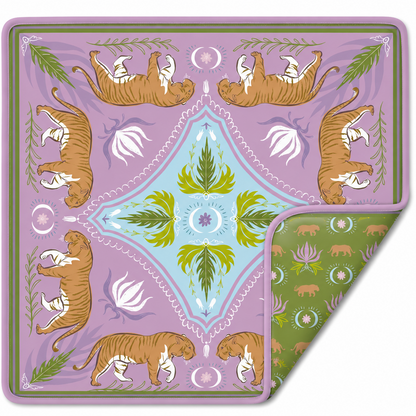 A double-sided mahjong mat.The top side features a lavender field with four orange-and-white tigers, white floral motifs, and a central light blue diamond with green leaves.