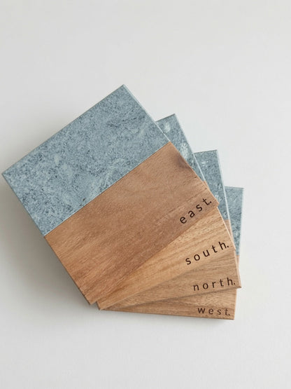 Mahjong Wind Coasters: East, South, West, North - Marble & Wood Set of 4