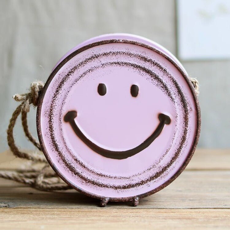 smiley face hanging planter in pink