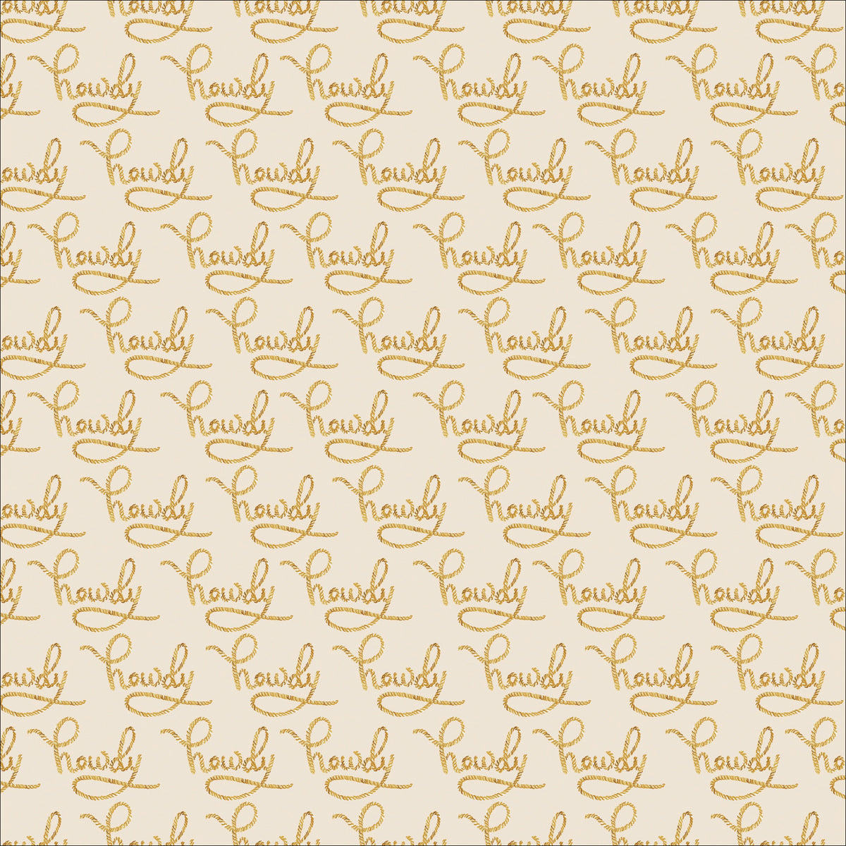 A repeating pattern of the word 'howdy' in metallic gold cursive script on a warm cream background.