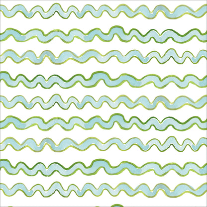 A repeating pattern of horizontal wavy stripes in light aqua blue and olive green on a white background.