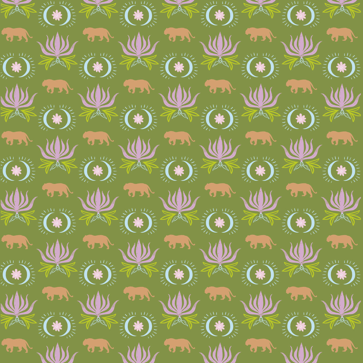 A repeating pattern mahjong mat on an olive green background featuring pink lotus flowers, light green leaves, pale blue circular medallions with white floral centers, and tan bear silhouettes.