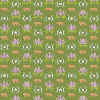 A repeating pattern mahjong mat on an olive green background featuring pink lotus flowers, light green leaves, pale blue circular medallions with white floral centers, and tan bear silhouettes.