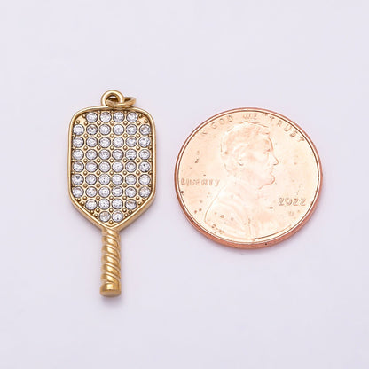 PVD Gold Stainless Steel 28mm Micro Paved CZ Racket Pickleball Paddle Sport Charm | Charms-01024
