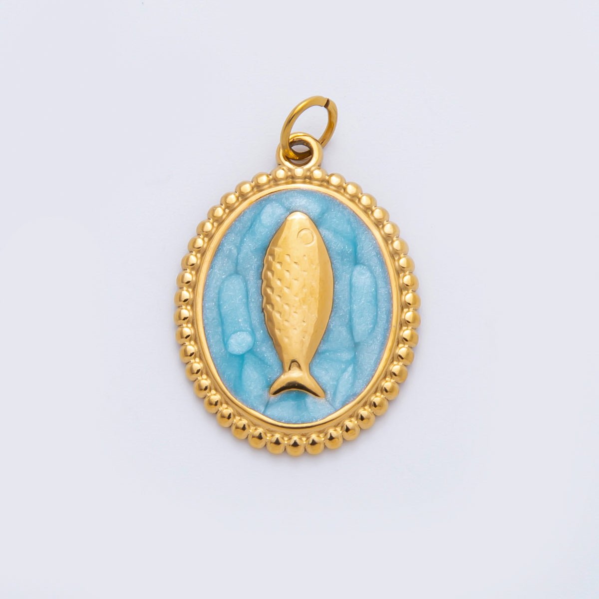 Stainless Steel 27mm Blue, White, Pink Sardine Fish Dotted Outline Oval Charm | C277 C293