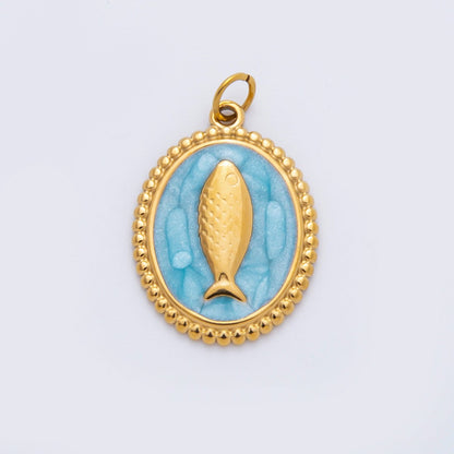 Stainless Steel 27mm Blue, White, Pink Sardine Fish Dotted Outline Oval Charm | C277 C293