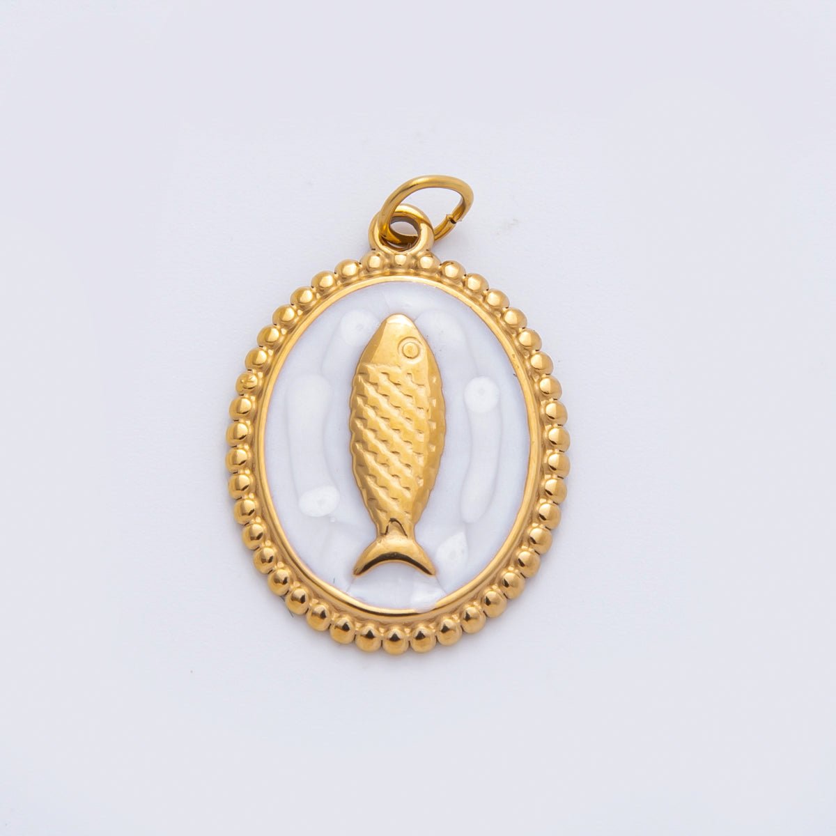 Stainless Steel 27mm Blue, White, Pink Sardine Fish Dotted Outline Oval Charm | C277 C293