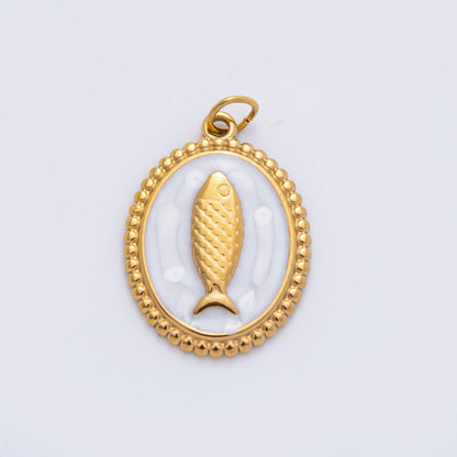 Stainless Steel 27mm Blue, White, Pink Sardine Fish Dotted Outline Oval Charm | C277 C293