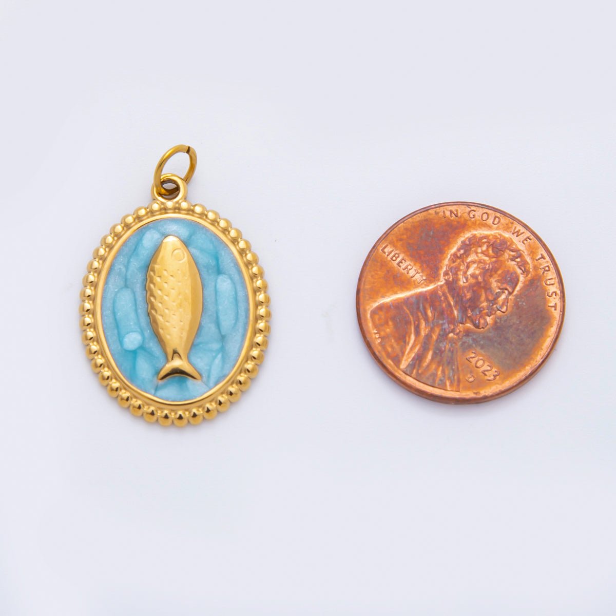 Stainless Steel 27mm Blue, White, Pink Sardine Fish Dotted Outline Oval Charm | C277 C293