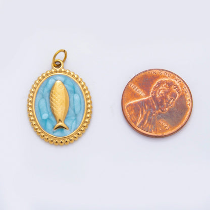 Stainless Steel 27mm Blue, White, Pink Sardine Fish Dotted Outline Oval Charm | C277 C293