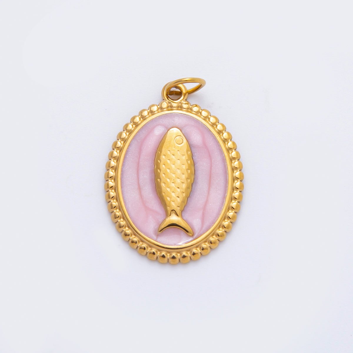 Stainless Steel 27mm Blue, White, Pink Sardine Fish Dotted Outline Oval Charm | C277 C293