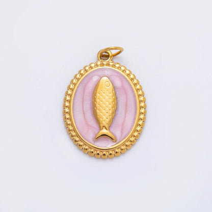 Stainless Steel 27mm Blue, White, Pink Sardine Fish Dotted Outline Oval Charm | C277 C293