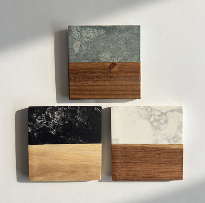 Mahjong Wind Coasters: East, South, West, North - Marble & Wood Set of 4